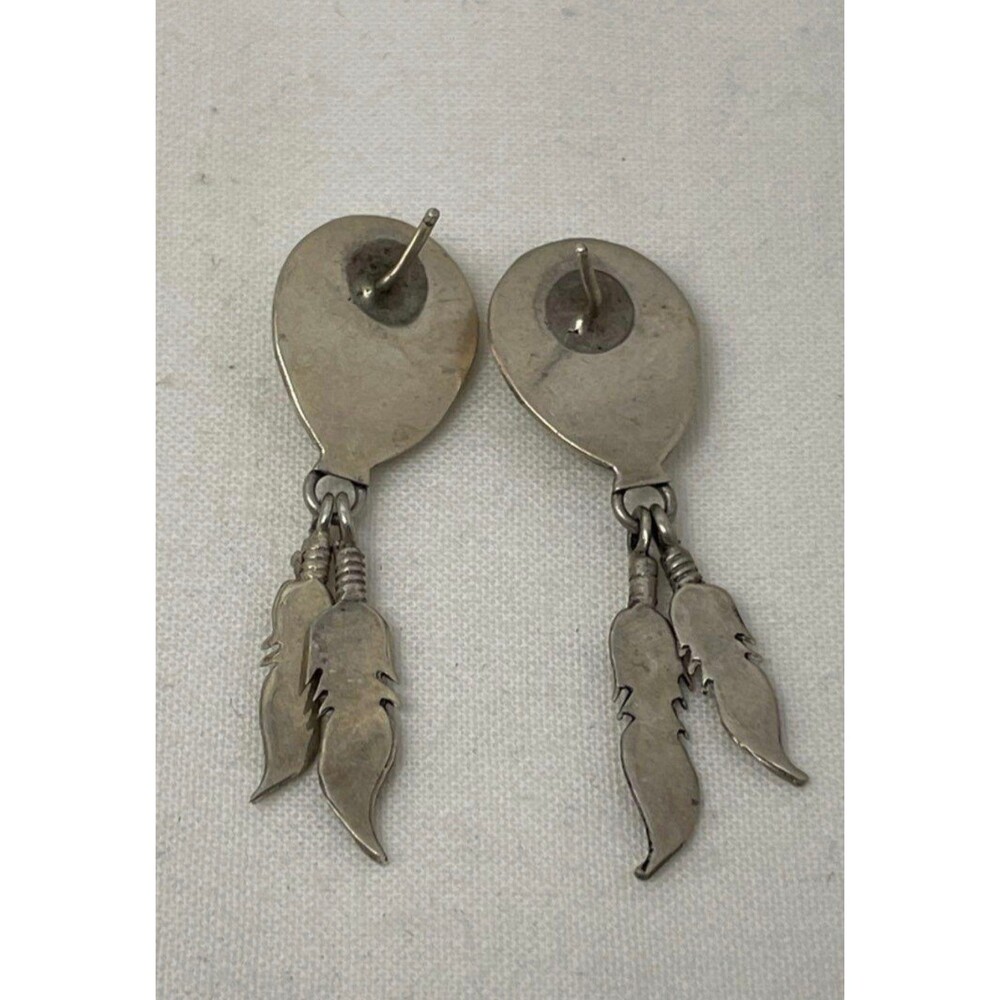 Vintage Sterling Silver Bear Paw Genuine Turquoise Feather Dangle Earrings - Picture 2 of 4